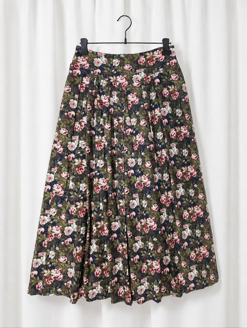 Vintage Herman Geist Rose Floral Corduroy Pleated A-line Cottagecore Midi Skirt